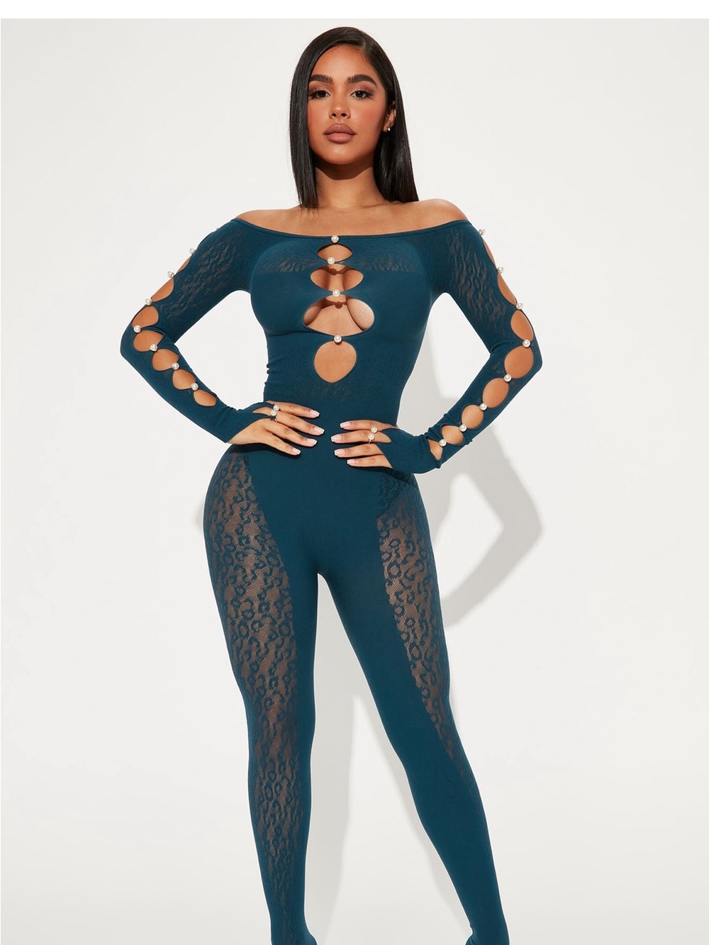 Fashion nova Black Pearl-Button Off-Shoulder Lace Jumpsuit